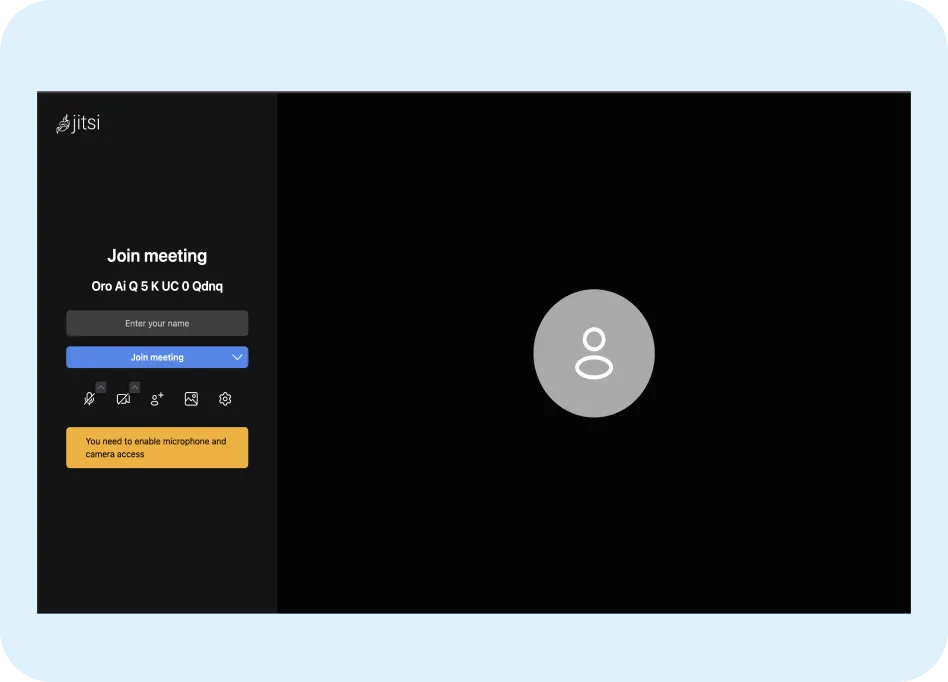 Join meeting interface for ORO AI's Meeting Manager, featuring user name entry, "Join meeting" button, and prompt for microphone and camera access.